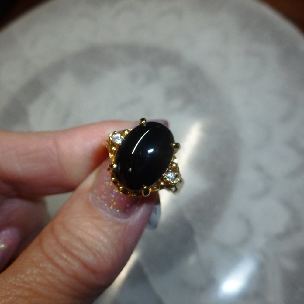 18k Yellow Gold EP Onyx Cubic Zirconia Dolphin Ore Ring